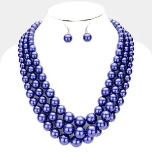 Royal Blue Pearl (faux)Triple Strand Silver Necklace & Earring Set