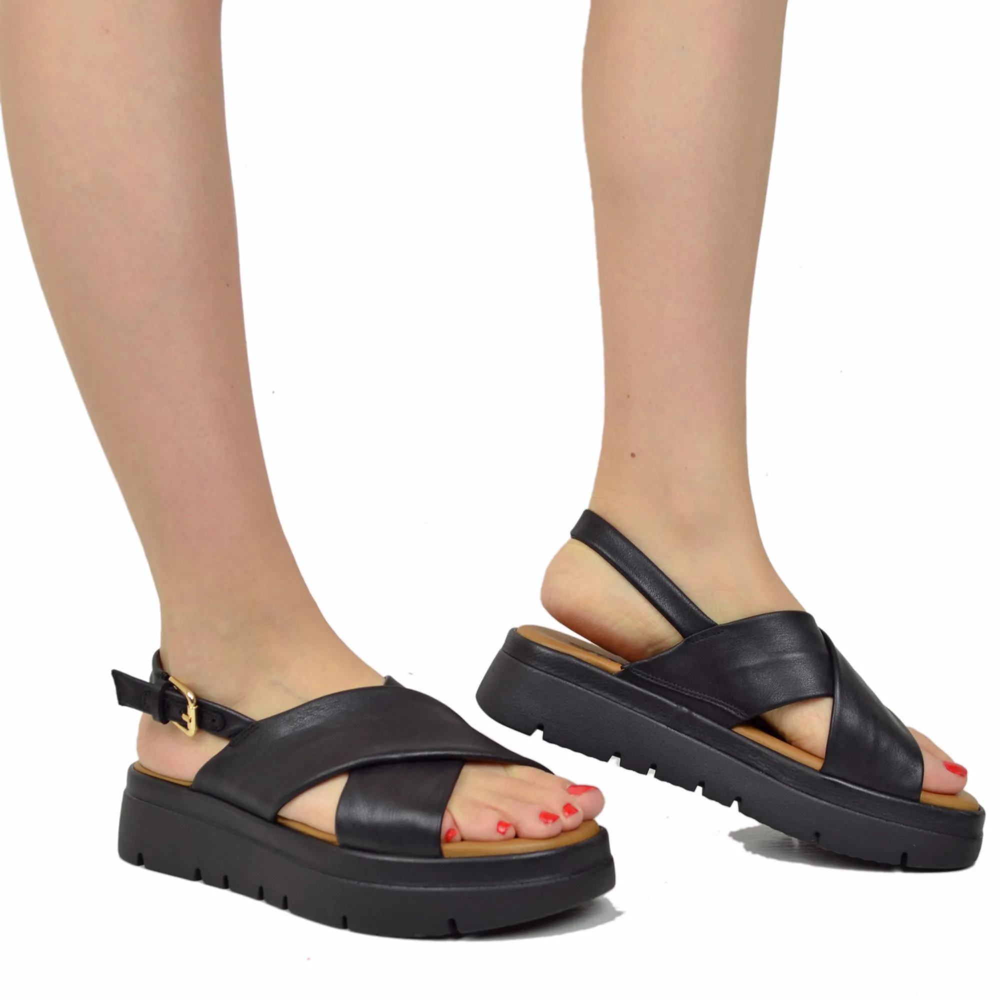 Sandali Donna Neri con fasce incrociate e Suola in Memory Foam
