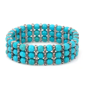 SILVER TURQUOISE BEADS MEMORY WIRE BRACELET #HNB89298SXTQ (IE25-26)