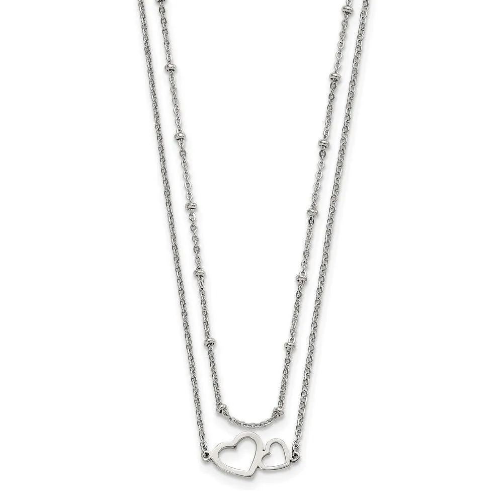Stainless Steel Polished 2-Strand Double Heart w/1in ext. 18in Necklace