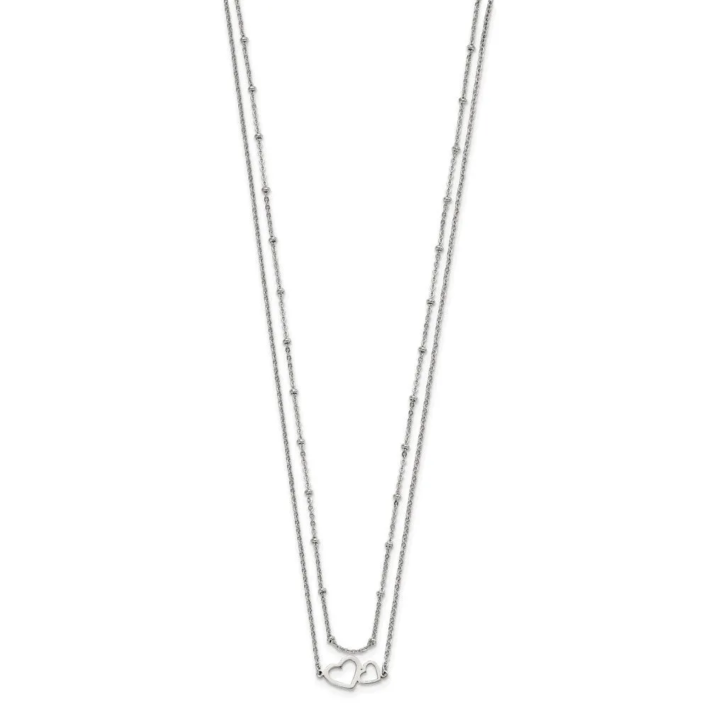Stainless Steel Polished 2-Strand Double Heart w/1in ext. 18in Necklace
