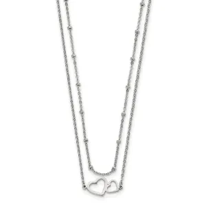 Stainless Steel Polished 2-Strand Double Heart w/1in ext. 18in Necklace
