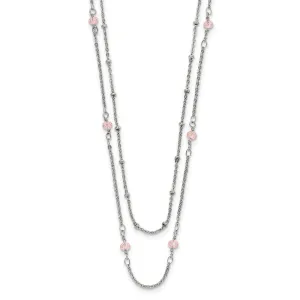 Stainless Steel Polished 2-Strand Pink Crystal Beaded w/1in ext. Necklace