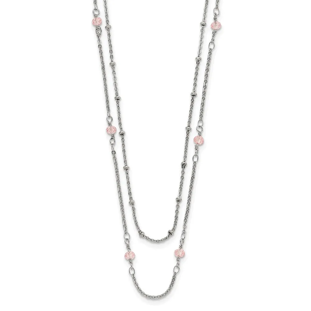 Stainless Steel Polished 2-Strand Pink Crystal Beaded w/1in ext. Necklace