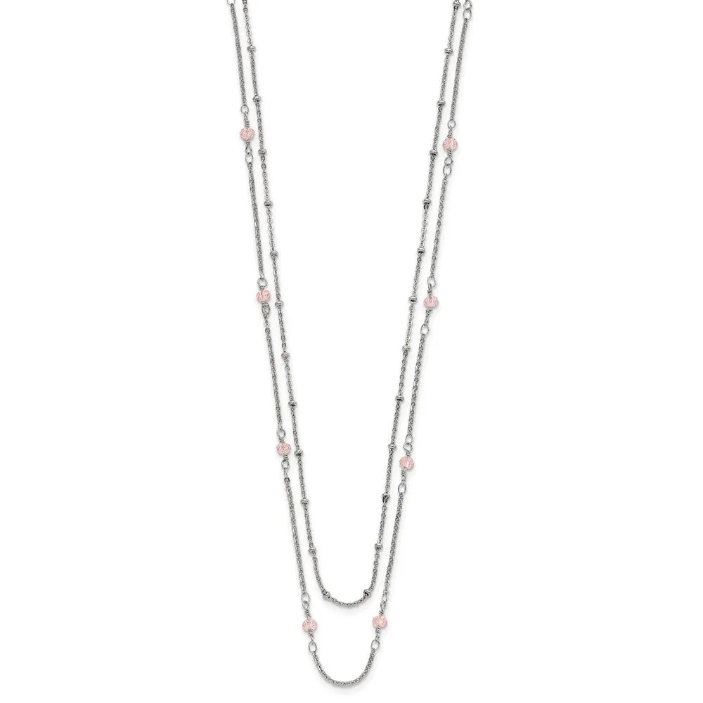 Stainless Steel Polished 2-Strand Pink Crystal Beaded w/1in ext. Necklace