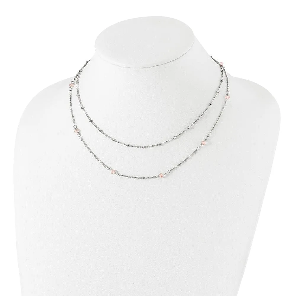 Stainless Steel Polished 2-Strand Pink Crystal Beaded w/1in ext. Necklace