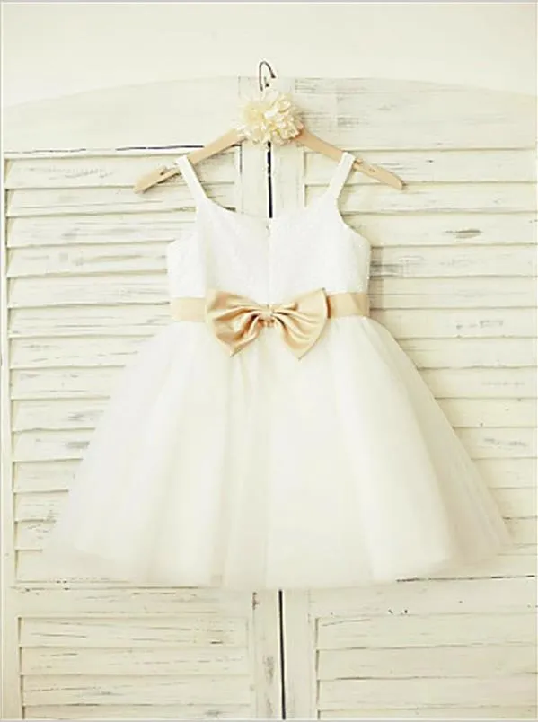 Tulle Princess Spaghetti Straps Flower Girl Dresses Floor Length Dress With Bowknot