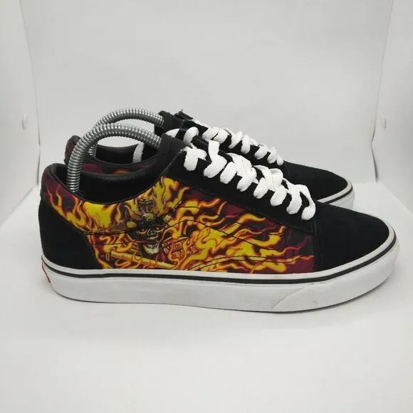 Vans Off The Wall Skate Shoes Mens Size‎ 8 Flames Skull Orange Black Sneakers
