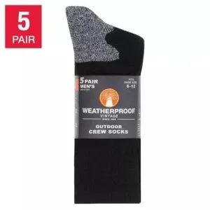Weatherproof 5 Pair Pack Outdoor Wool Blend Crew Sock Size 6-12 Black Gray Heel