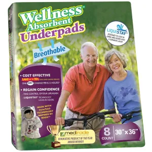 Wellness Absorbent Underpads Incontinence Liners for Bed, Chair and More - 30" x 36", PK/8