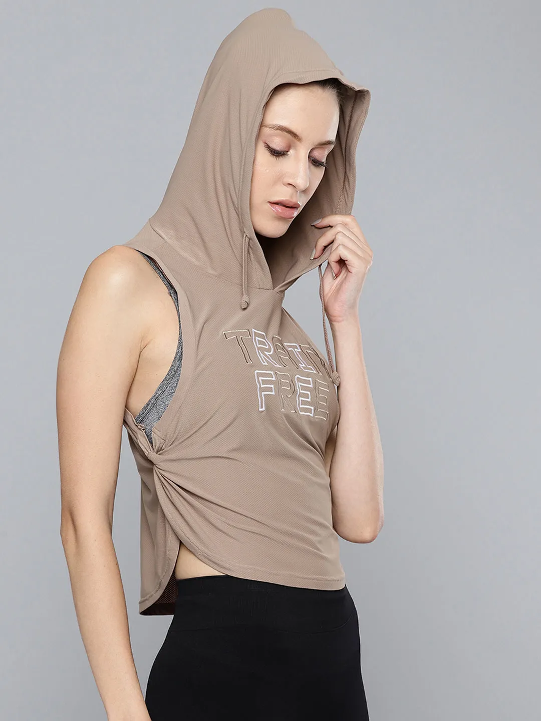 Women's Brown Embroidered Side Twist Hoodie