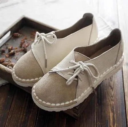 Womens Flat Lace-up Peas Shoes - Comfortable Soft Bottom Round Toe Low-Cut Footwear