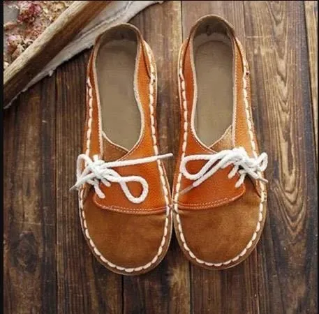 Womens Flat Lace-up Peas Shoes - Comfortable Soft Bottom Round Toe Low-Cut Footwear