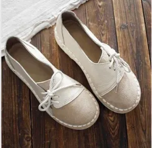 Womens Flat Lace-up Peas Shoes - Comfortable Soft Bottom Round Toe Low-Cut Footwear